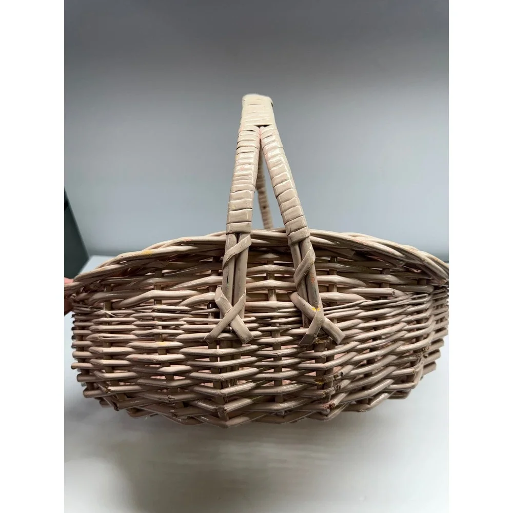 Vintage Pink Wicker Basket Oval Woven Easter Gift Basket with Handle 16 Inch